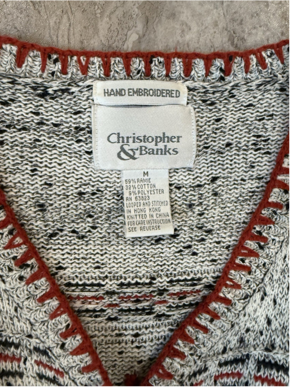 VTG Christopher & Banks Sweater Cardigan Medium Hand Embroidered Red & Black - Picture 3 of 5